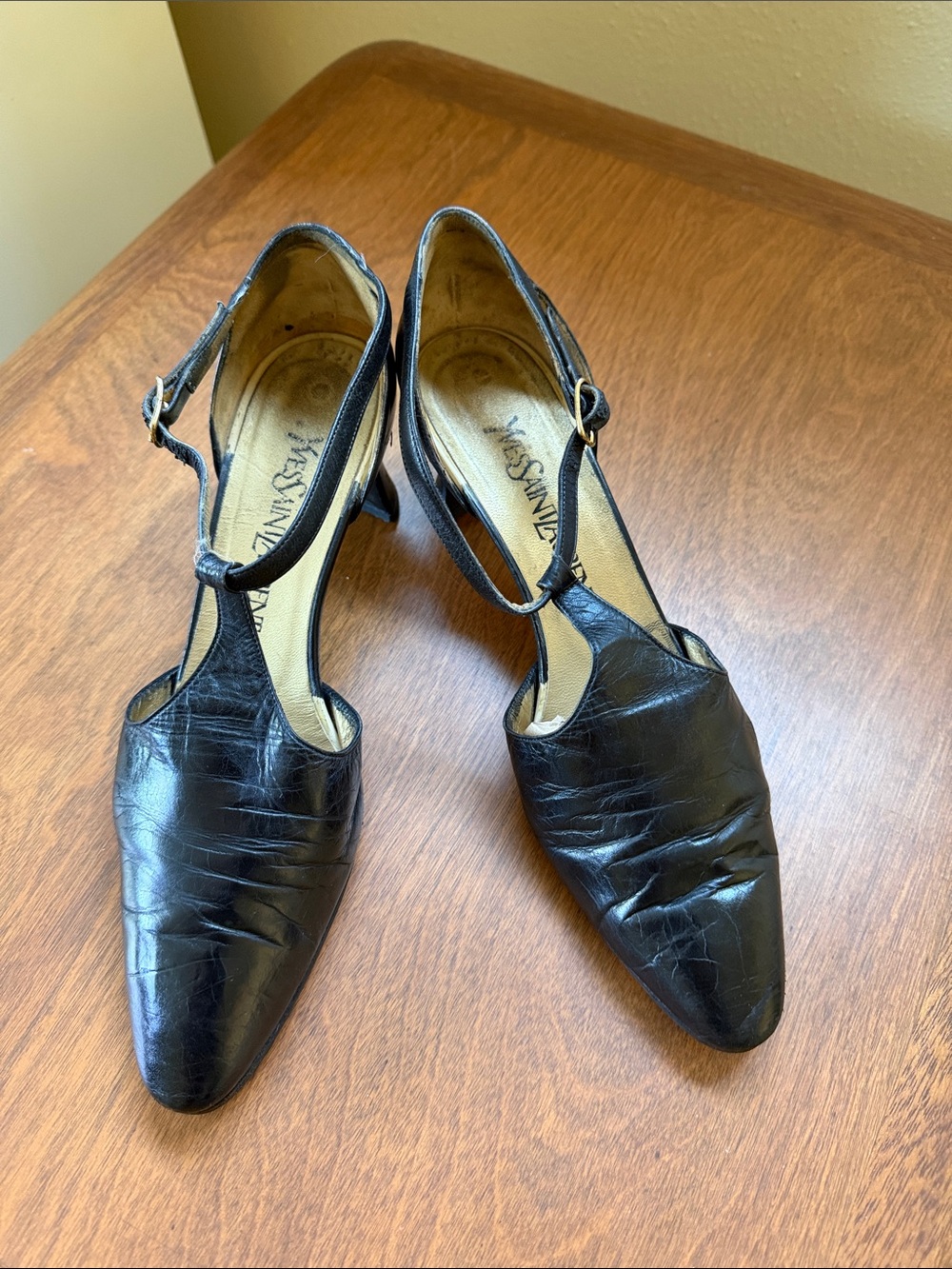 Yves Saint Laurent Black Leather T-Strap Heels